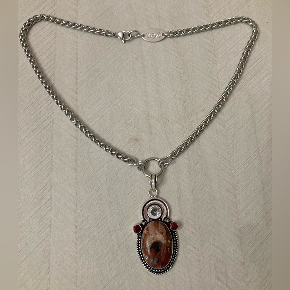 925 sterling silver overlay genuine red jasper stone boho steel chain necklace - Picture 14 of 15